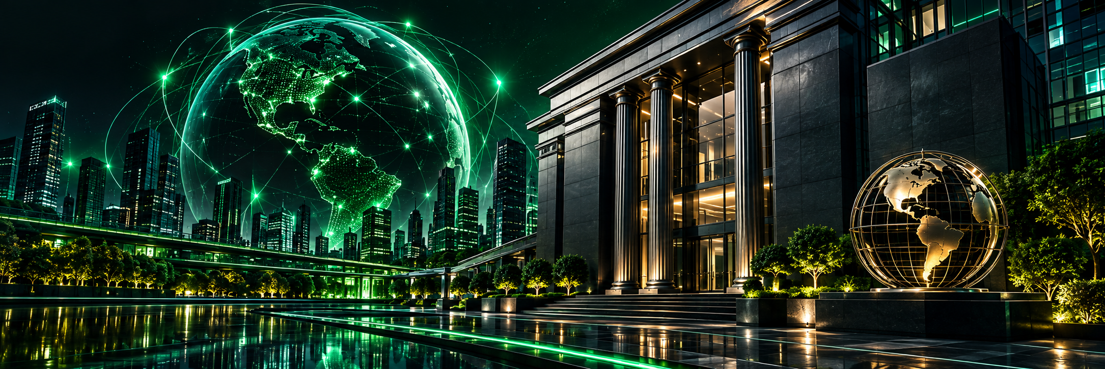 Institutional headquarters with a global network overlay